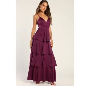 NWT Lulus Going with‎ Elegance Plum Purple Satin Tiered Gown Size XL